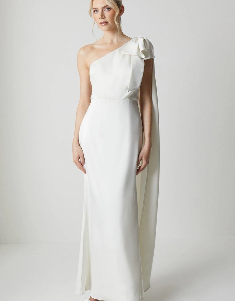 Bow And Drape Detail One Shoulder Satin Bridal Dress