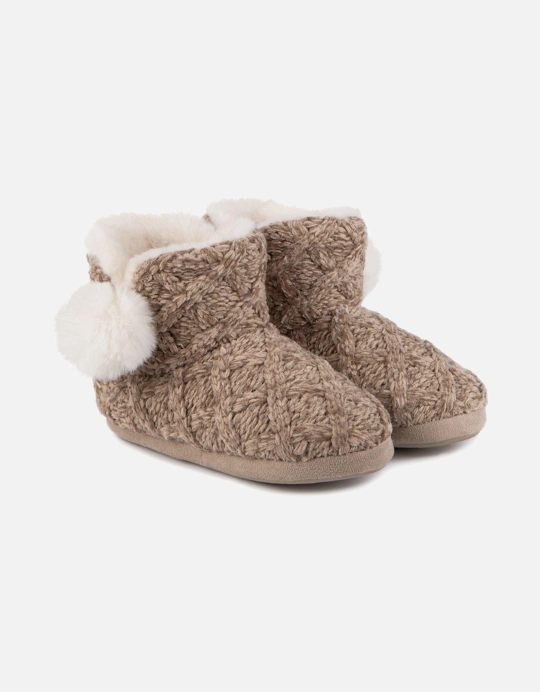 Cable Knit Boot Slippers with Pom - Brown