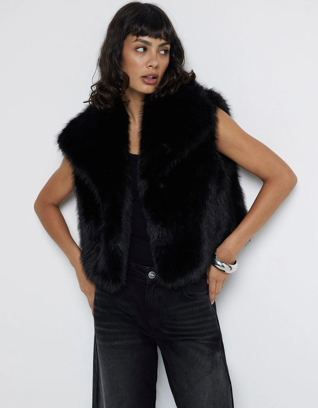 Short Faux Fur Gilet - Black, 7 of 6