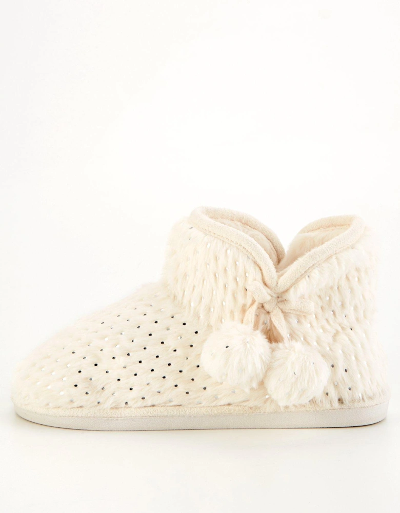 Textured Slipper Boot with Poms - Cream