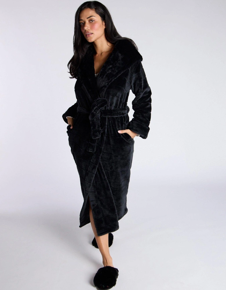 Stripe Cut Plush Long Robe - Black