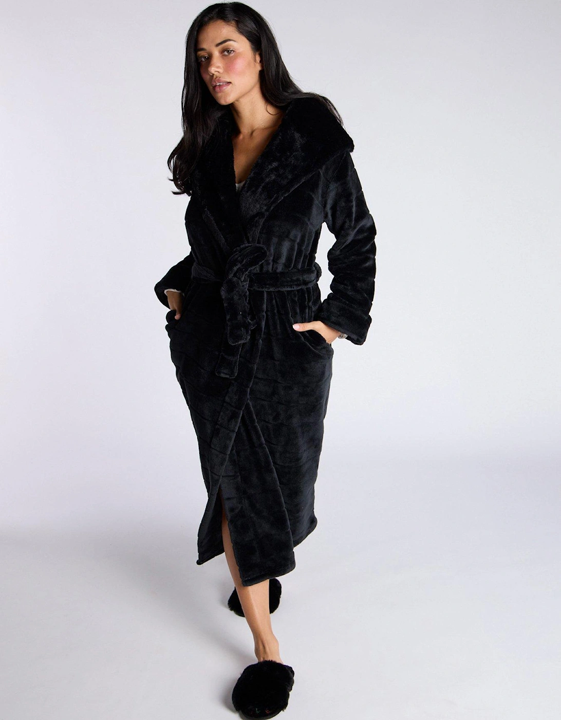 Stripe Cut Plush Long Robe - Black, 2 of 1