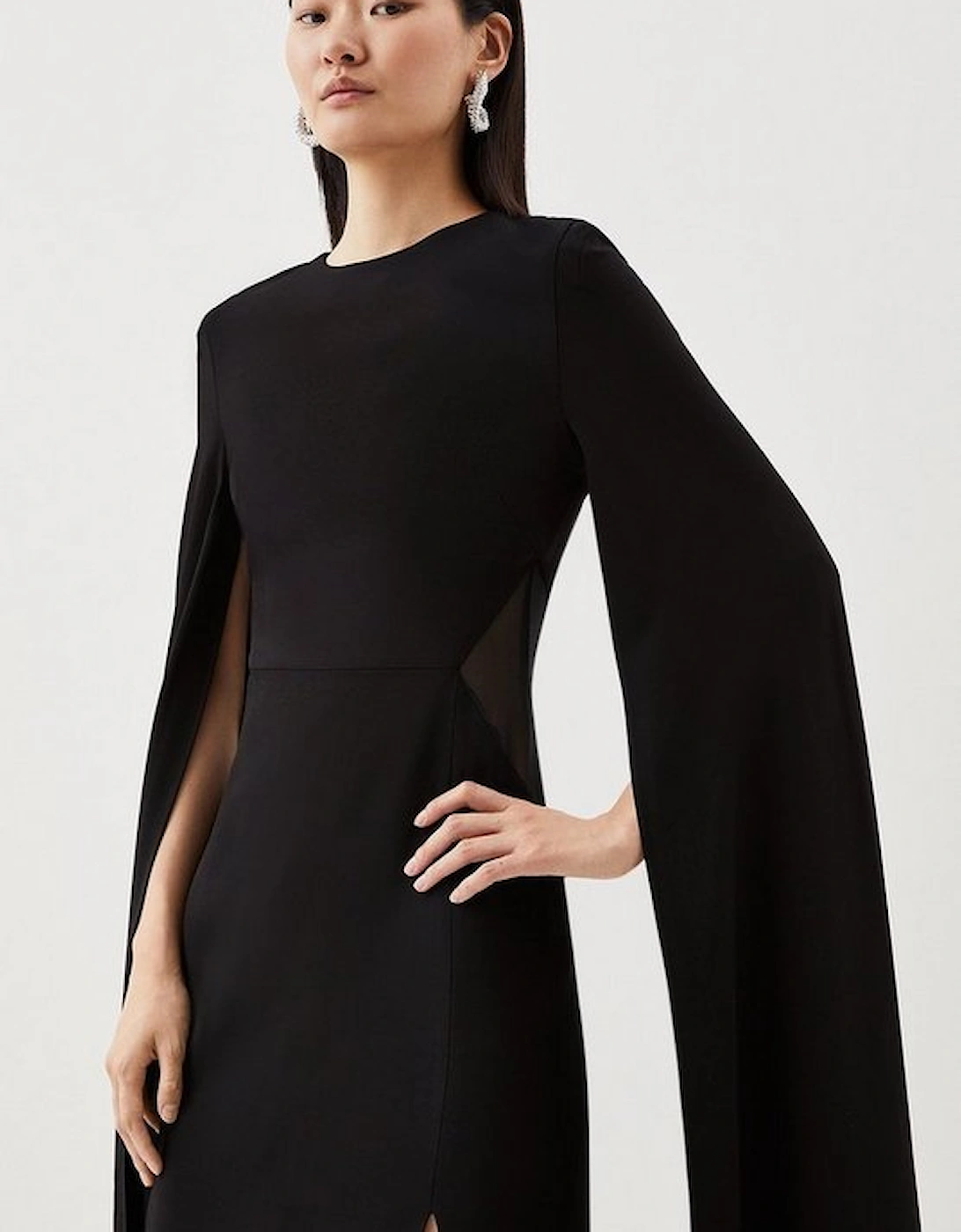 Tailored Compact Stretch Viscose Cape Mesh Panel Midi Dress