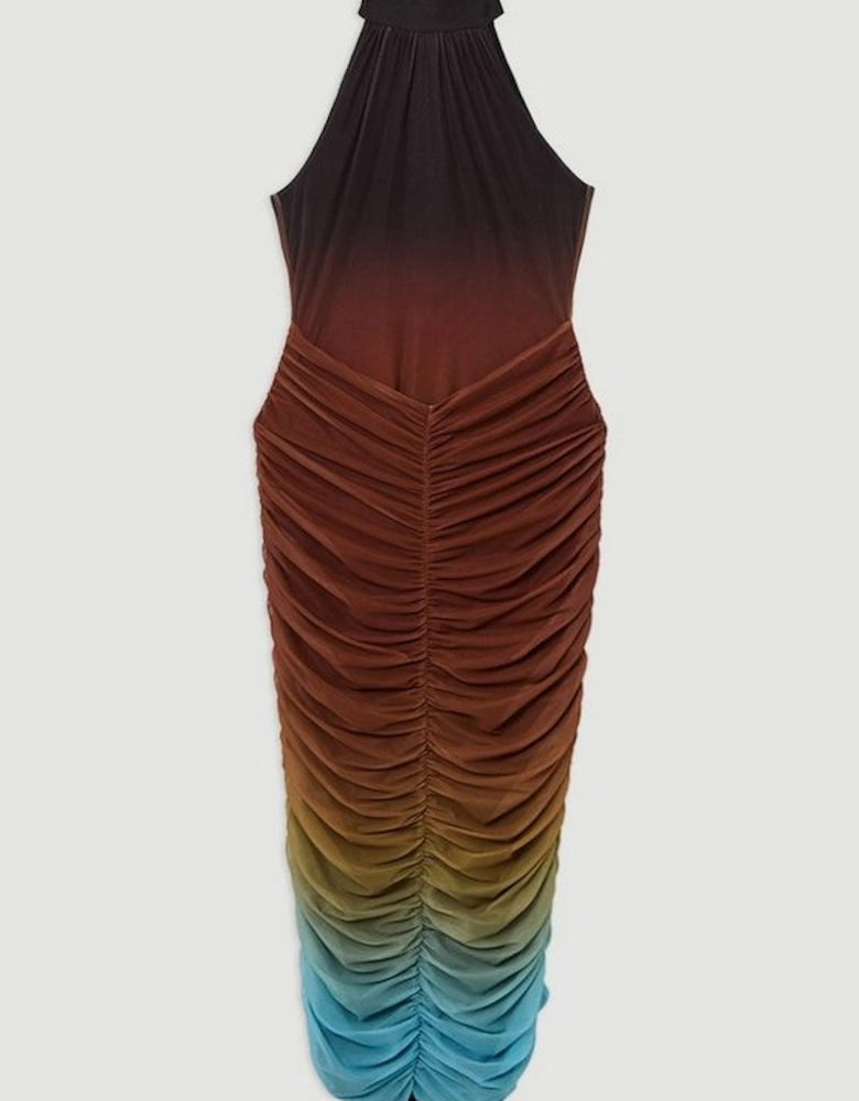 Ombre Jersey Mesh Halter Ruched Midi Dress