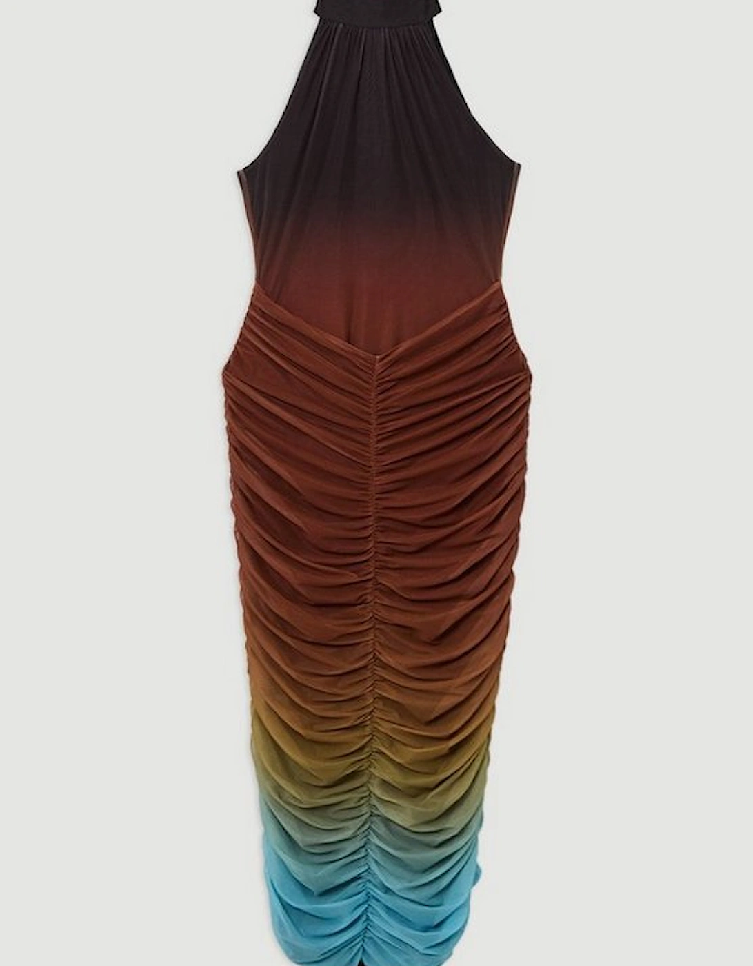 Ombre Jersey Mesh Halter Ruched Midi Dress