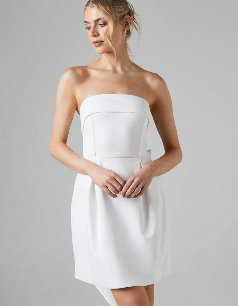 White Bow Back Bandeau Mini Wedding Dress In Stretch Crepe