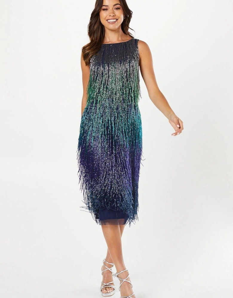 Party Sequin Ombre Fringe Midi Dress