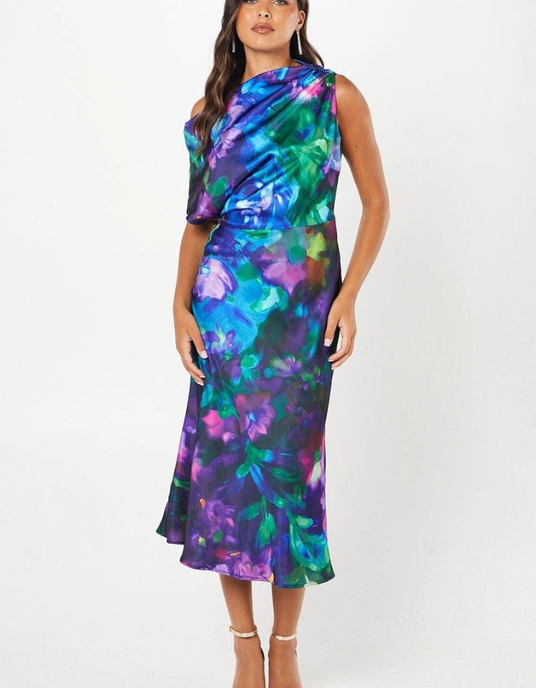 Printed One Shoulder Midi Wedding Guest Dress