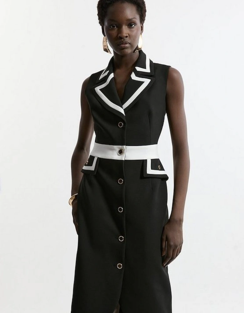 Compact Stretch Contrast Tipped Belted Tailored Midi Dress