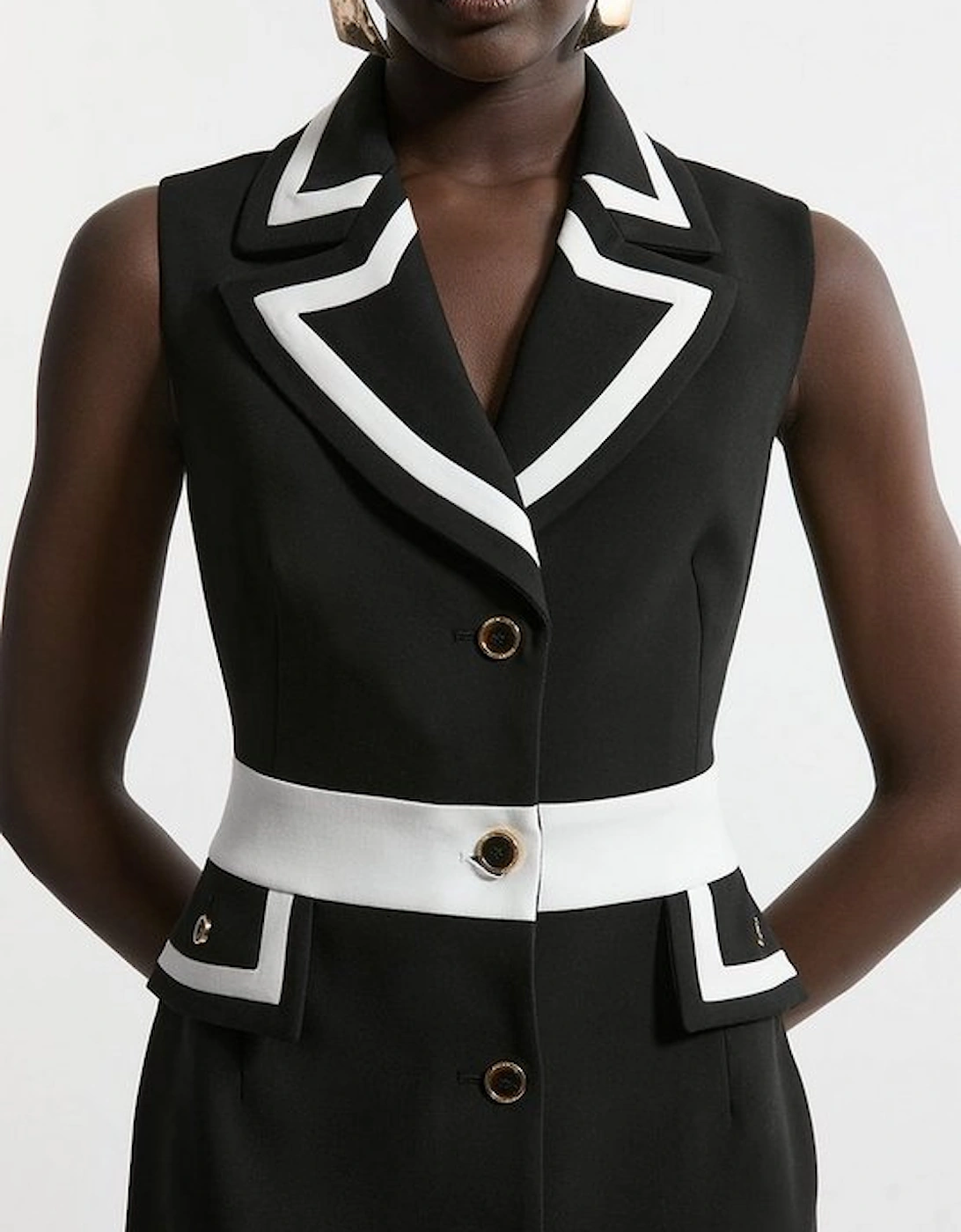 Compact Stretch Contrast Tipped Belted Tailored Midi Dress