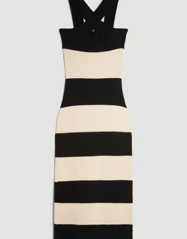 Viscose Blend Striped Cross Front Knit Midi Dress