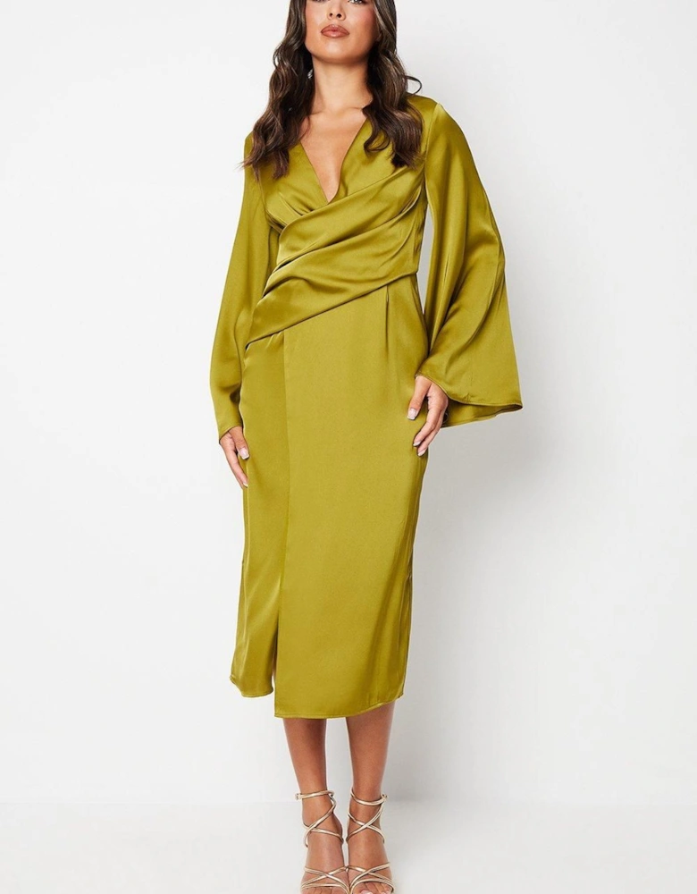 Satin Wrap Dress With Flare Sleeve