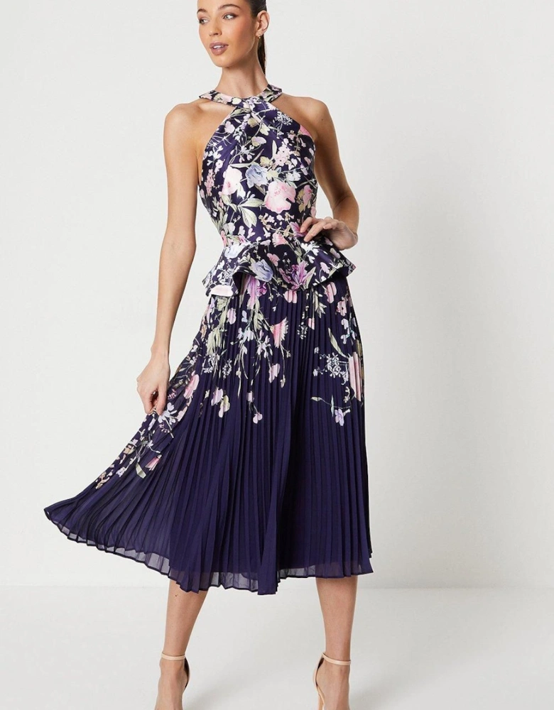 Twill Twist Halter Neckline Pleated Midi Dress