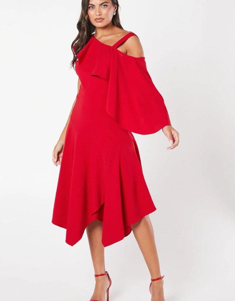 One Shoulder Ruffle Crepe Midi Dress