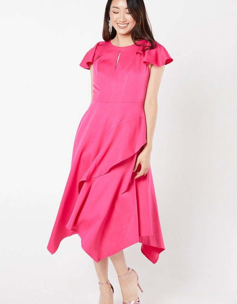 Stretch Crepe Flutter Sleeve Midi Wedding Guest Dress With Ruffle Skirt