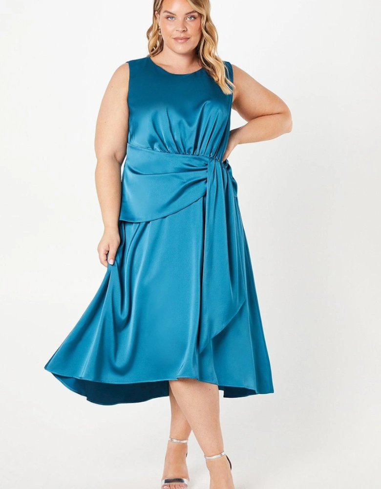 Plus Satin Tie Waist Detail Midi Wedding Guest Dress