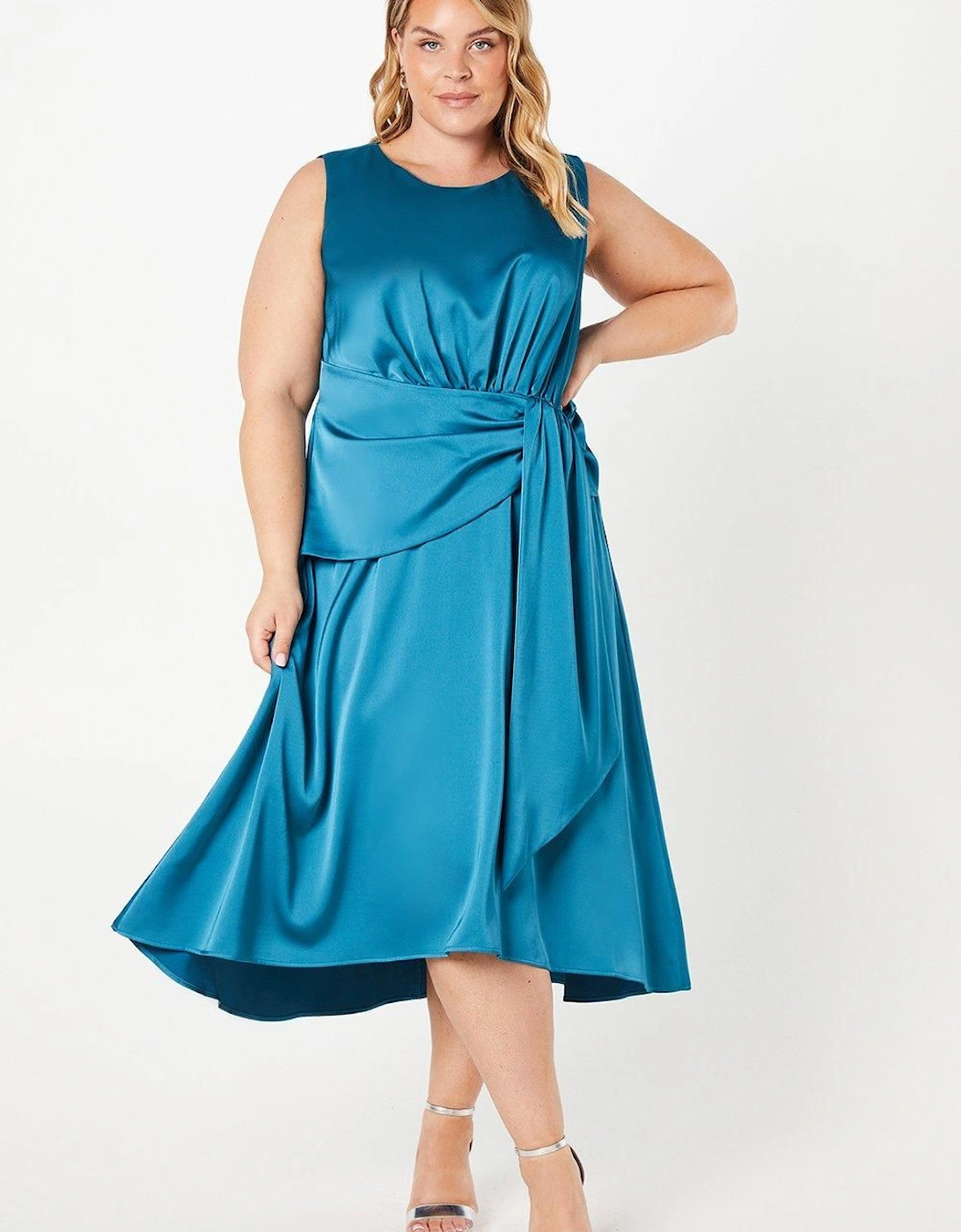 Plus Satin Tie Waist Detail Midi Wedding Guest Dress, 6 of 5