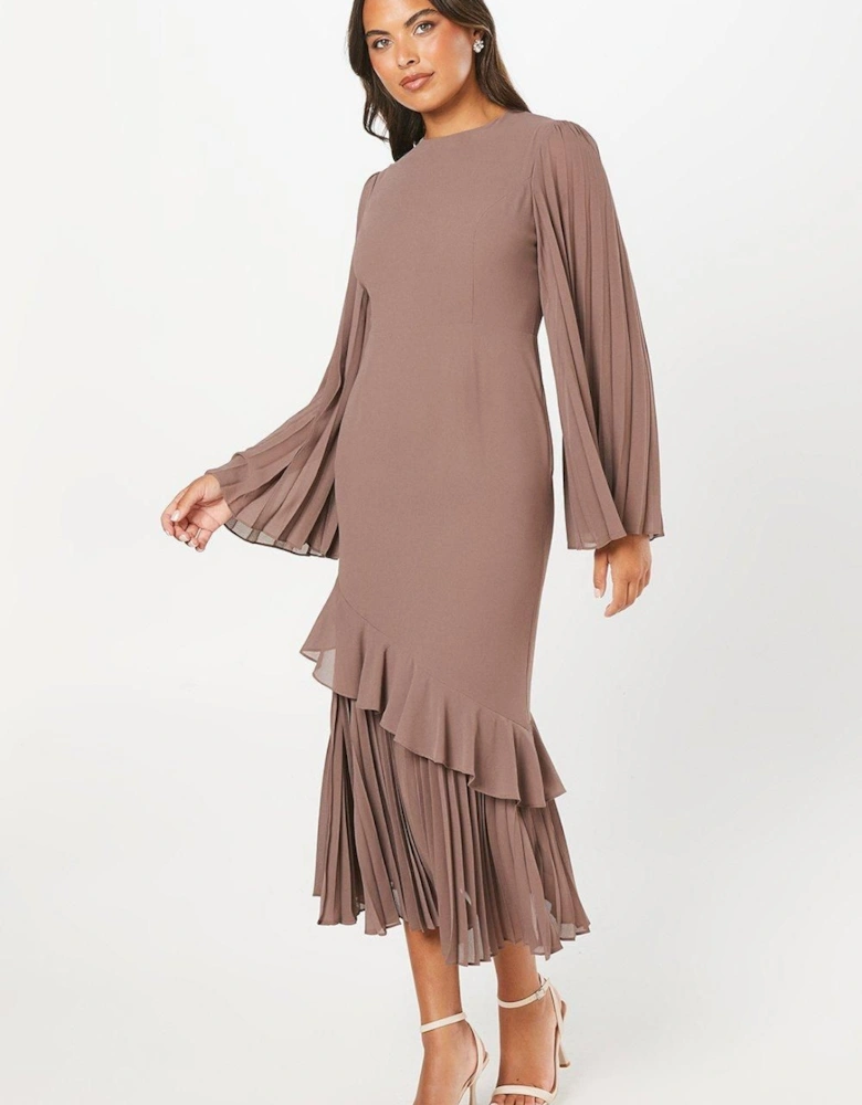 Pleat Mix Long Sleeve Midaxi Wedding Guest Dress