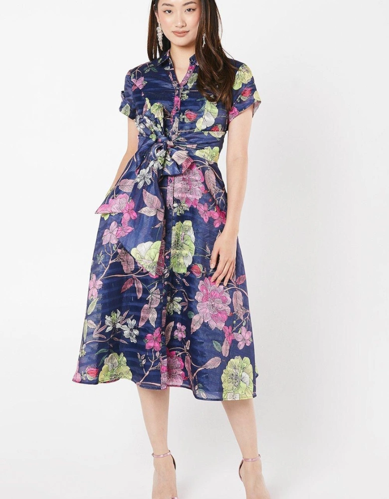 Organza Short Sleeve Printed Tie Waist Shirt Dress