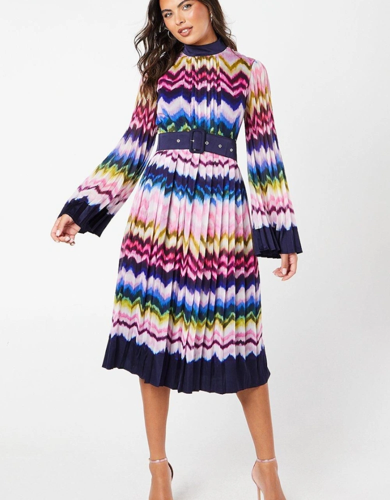 Stripe Print Pleated Long Sleeve Midi Dress