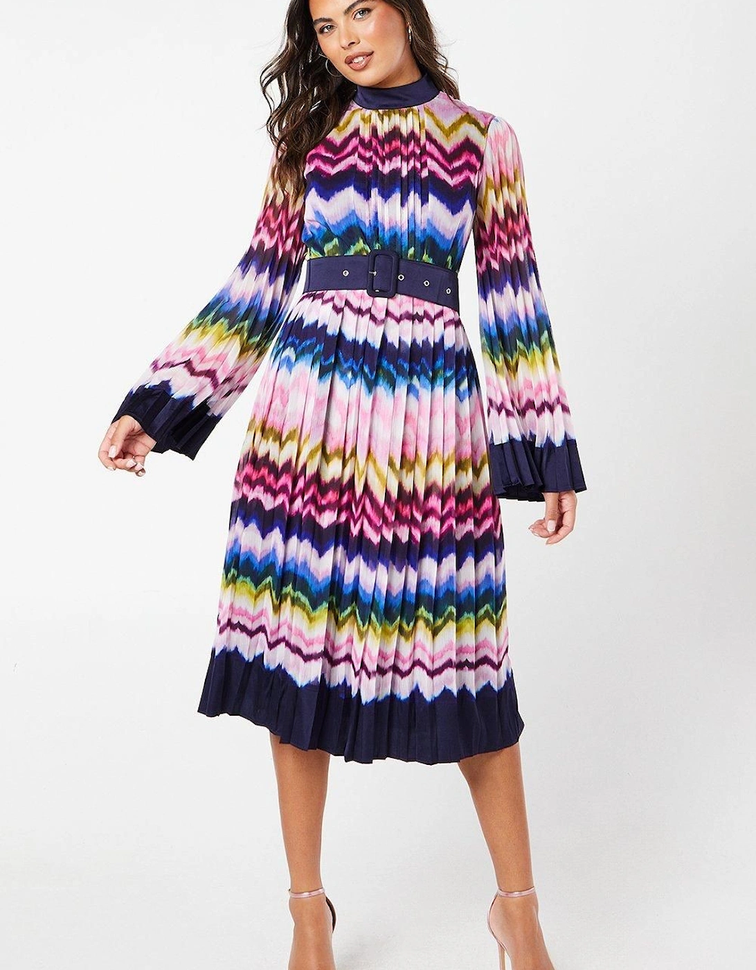 Stripe Print Pleated Long Sleeve Midi Dress, 6 of 5