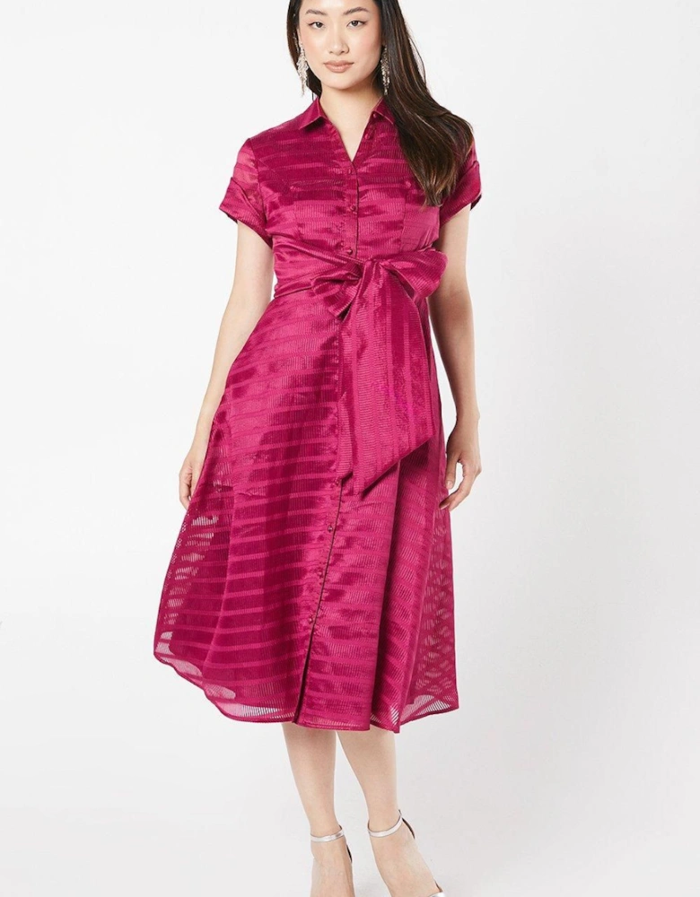 Organza Short Sleeve Tie Waist Shirt Dress