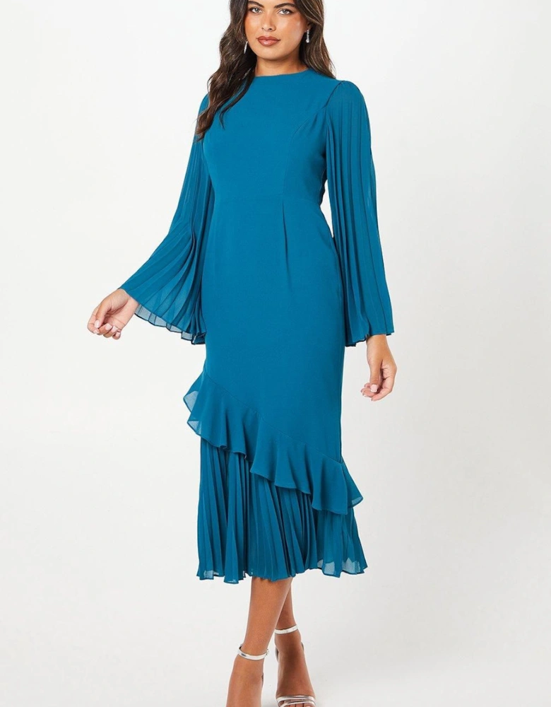 Pleat Mix Long Sleeve Midaxi Wedding Guest Dress