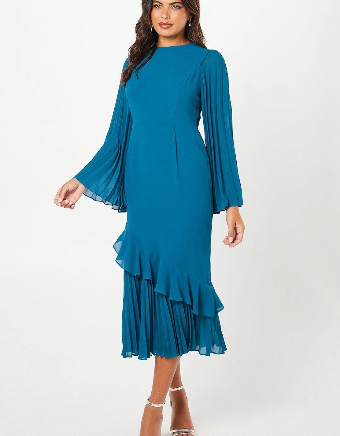 Pleat Mix Long Sleeve Midaxi Wedding Guest Dress, 6 of 5