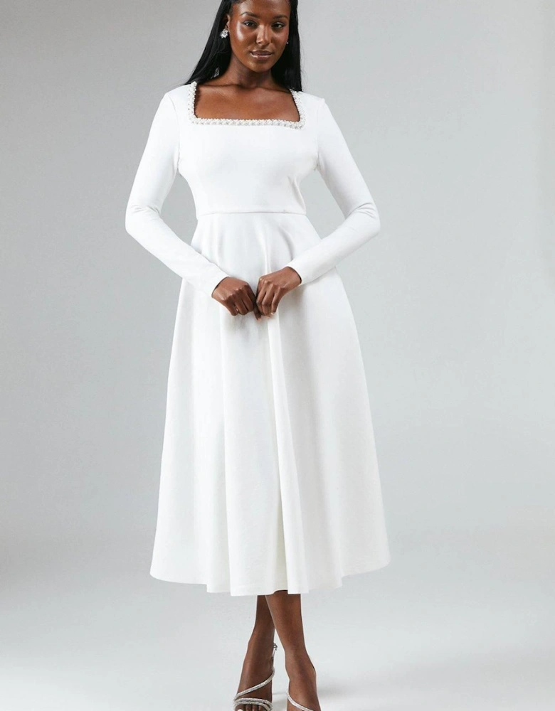 Crystal Trim Ponte Long Sleeve Midi Wedding Dress