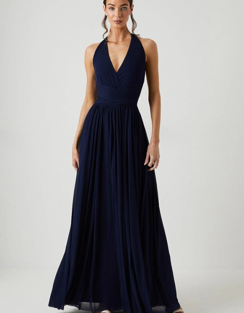 Plunge Neck Stretch Mesh Bridesmaid Dress