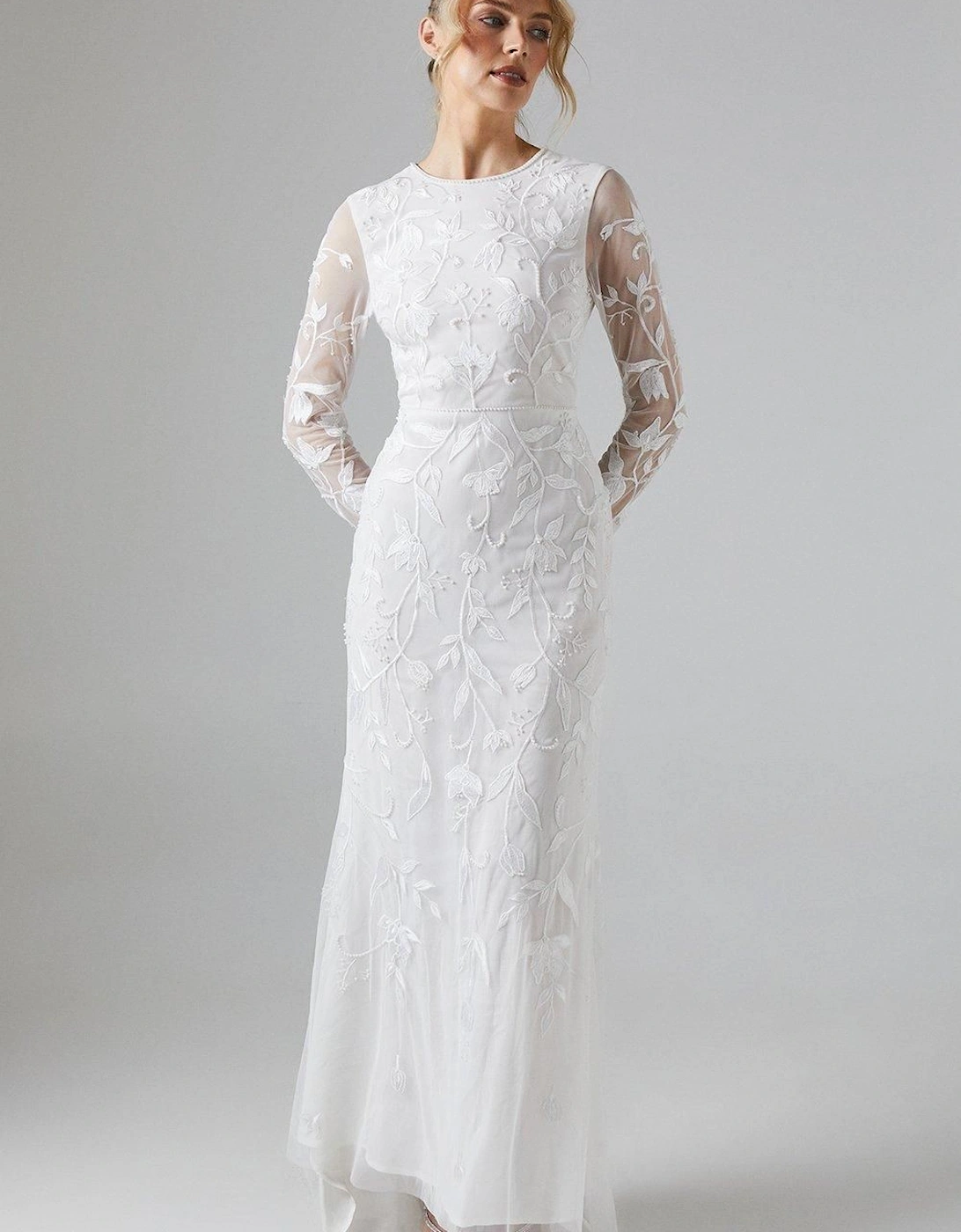 Trailing Floral Placement Embellished Long Sleeve Wedding Dress, 2 of 1