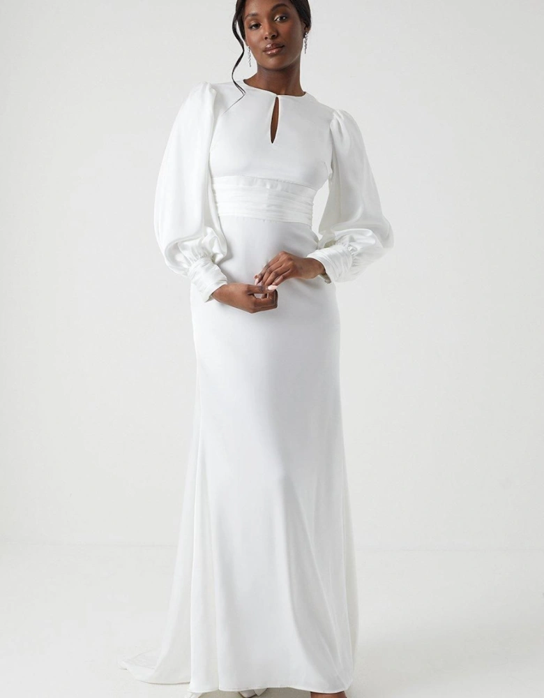 Long Sleeve Keyhole Satin Wedding Dress With Train