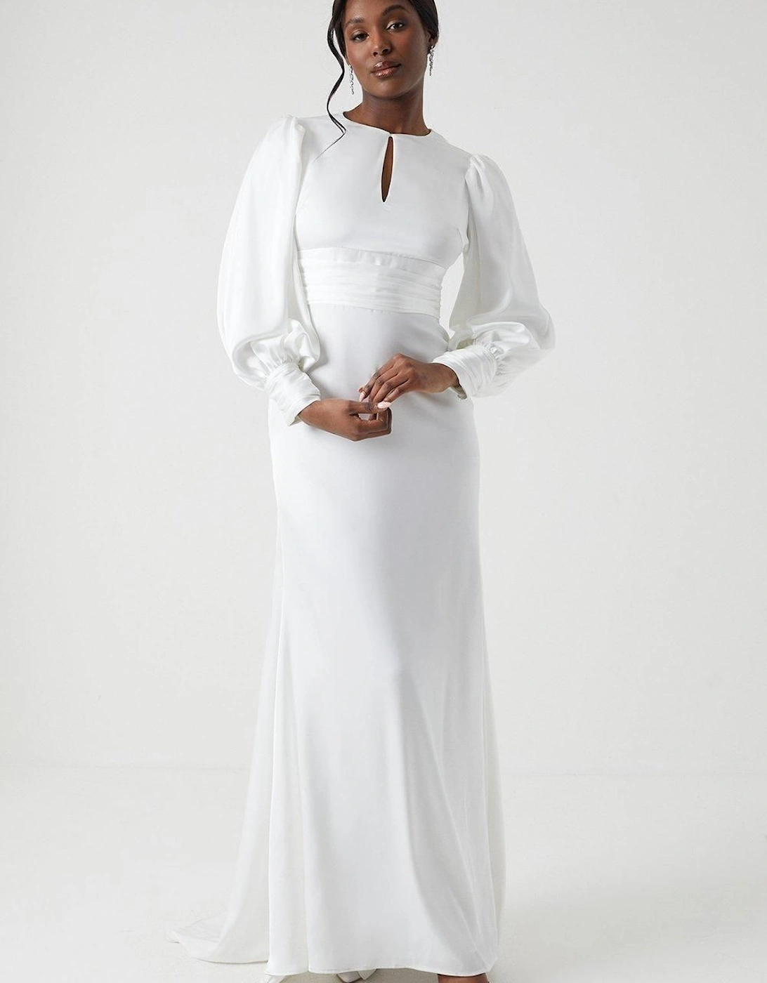 Long Sleeve Keyhole Satin Wedding Dress With Train, 6 of 5