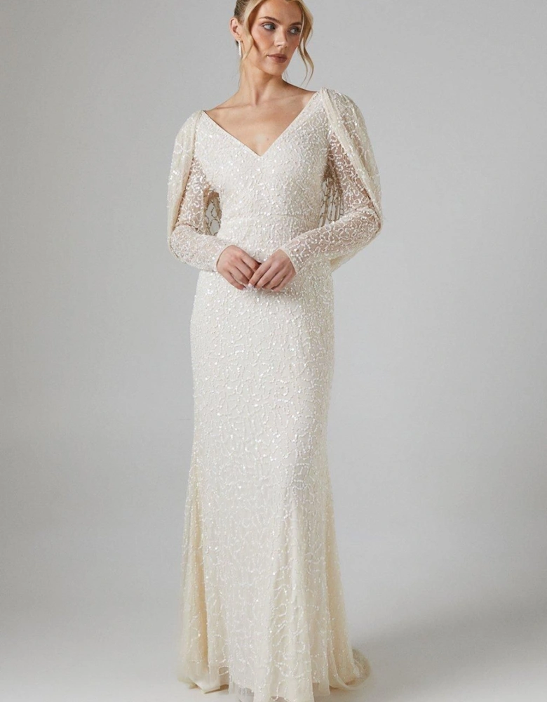 Cowl Back Long Sleeve Embellished Wedding Dress