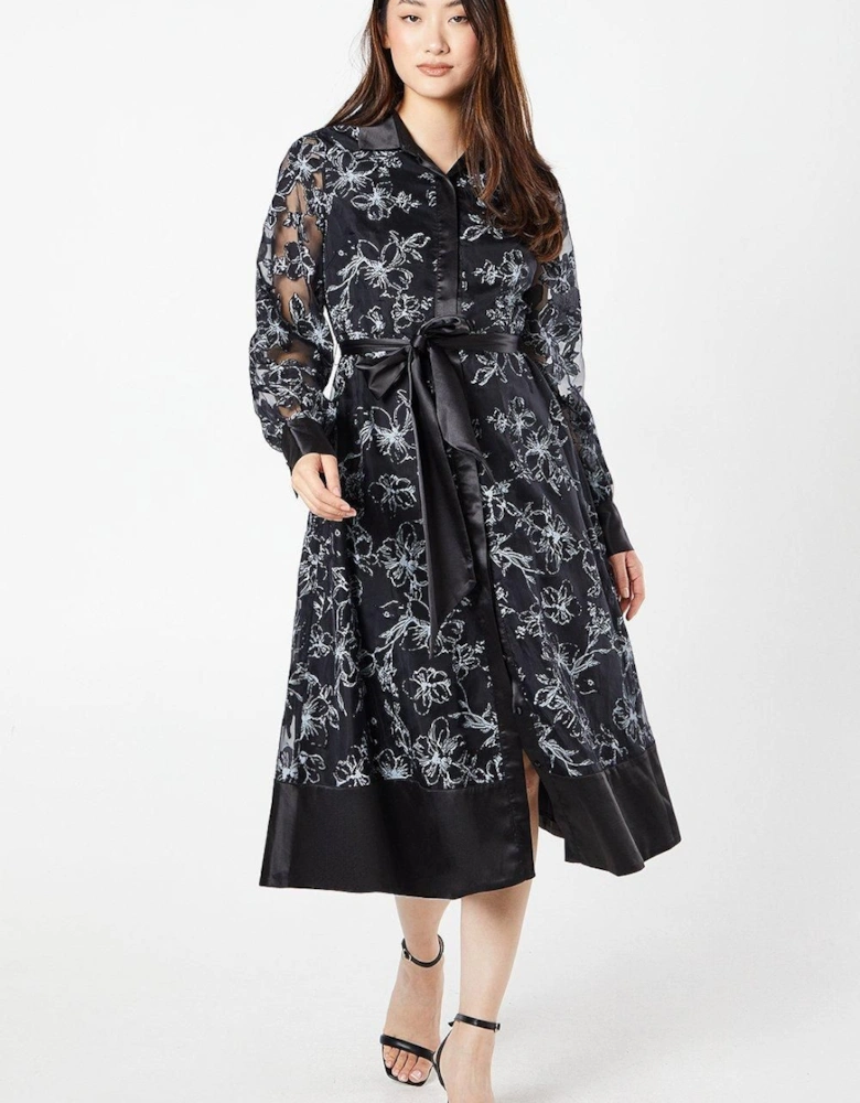 Floral Jacquard Long Sleeve Shirt Dress