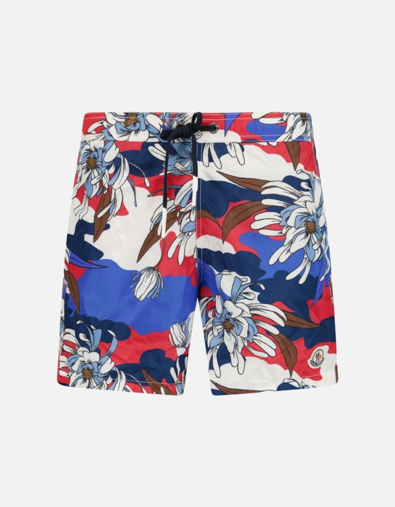 Flower Print Logo Swim Shorts Red, White & Blue