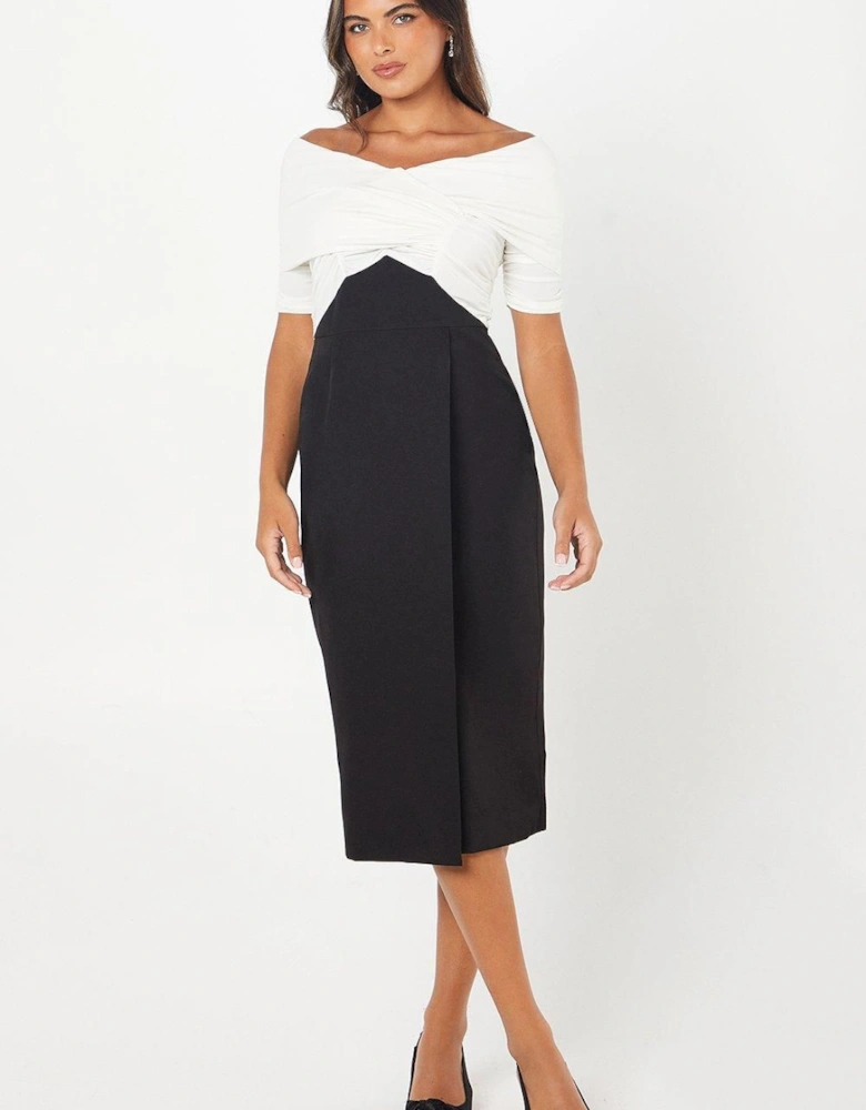 Stretch Crepe Cross Over Neck Pencil Dress