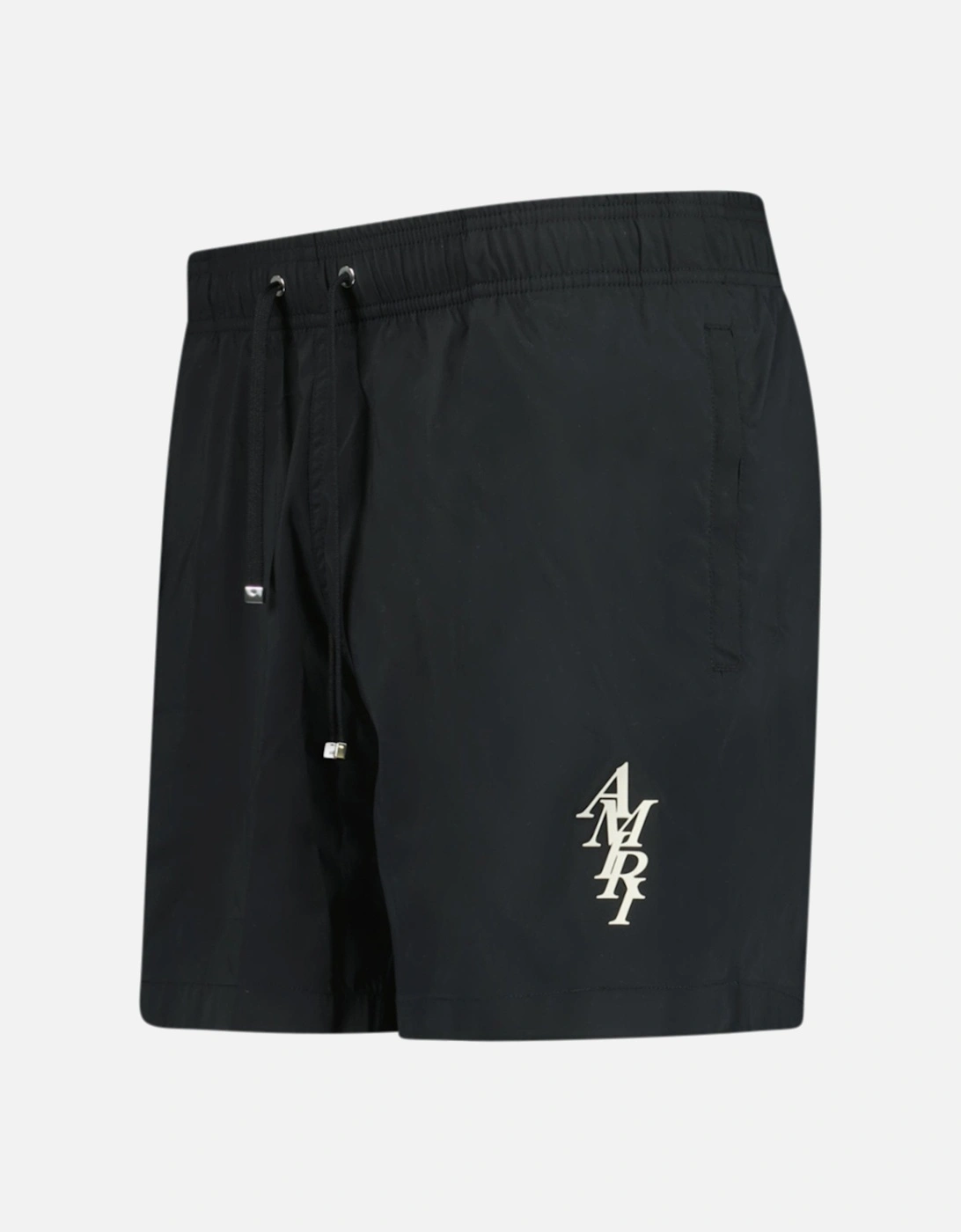 Staggered Logo-Print Drawstring Swim Shorts Black