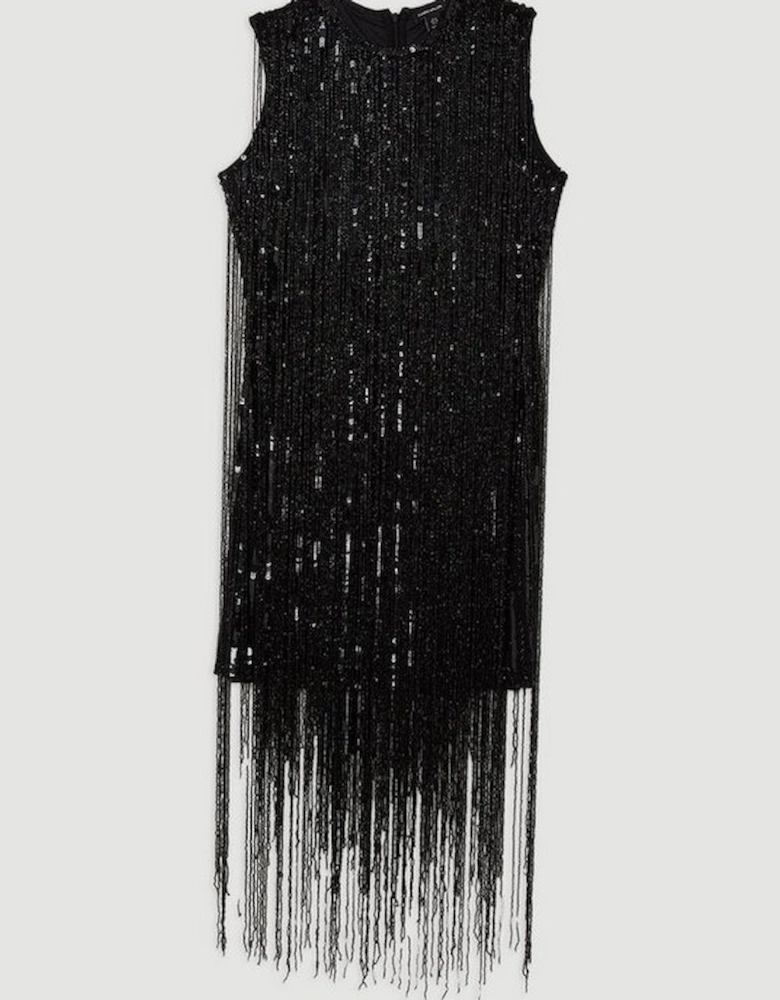 Beaded Fringed Sleeveless Woven Midi Dress