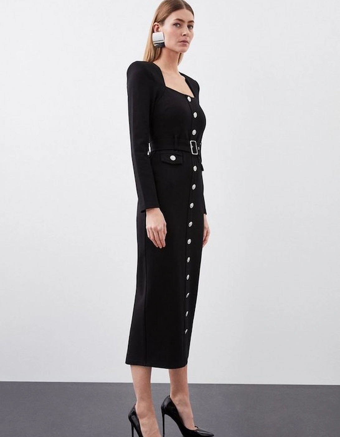 Jersey Ponte Diamante Back Hardwear Long Sleeve Midi Dress