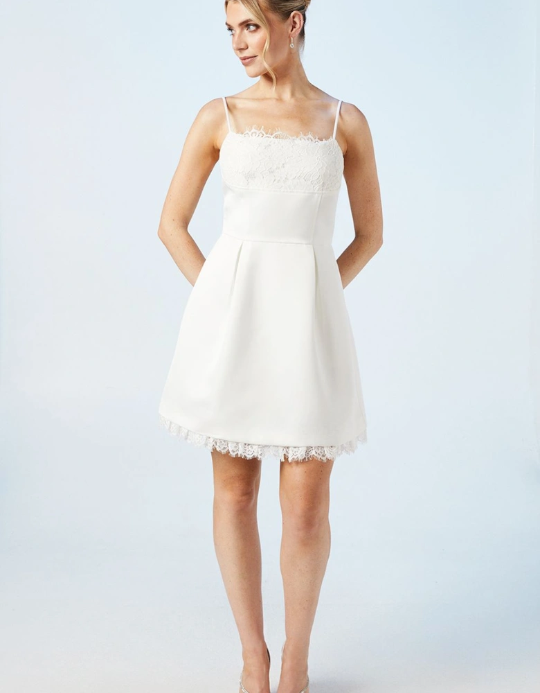 White Lace And Structured Satin Mini Bridal Dress