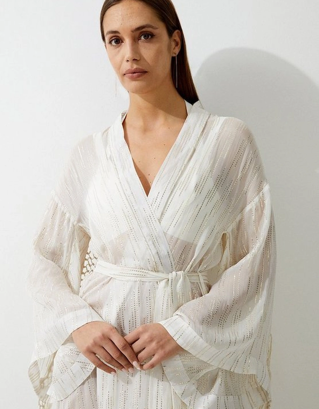 Fringed Metallic Viscose Georgette Woven Kimono