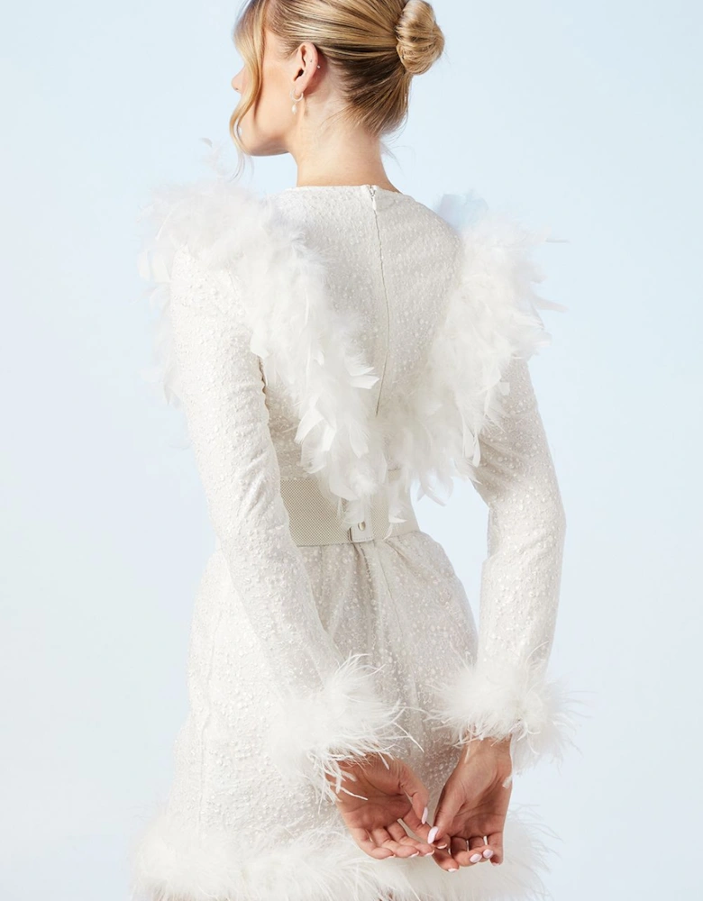 Premium Feather Belted Bridal Mini Dress