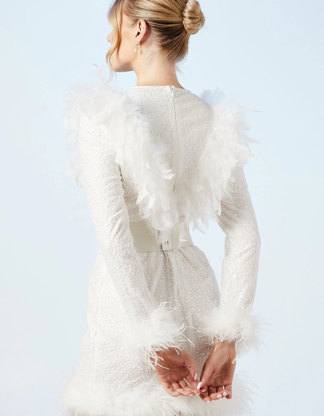 Premium Feather Belted Bridal Mini Dress