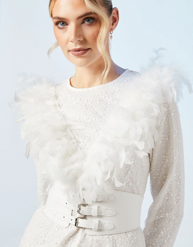 Premium Feather Belted Bridal Mini Dress