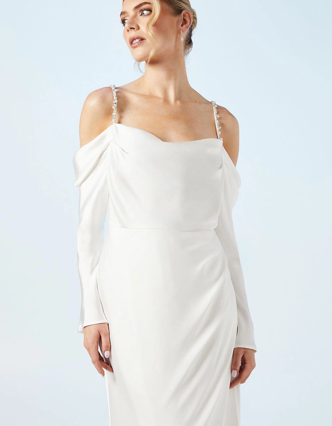 Drape Cold Shoulder Embellished Strap Wedding Dress