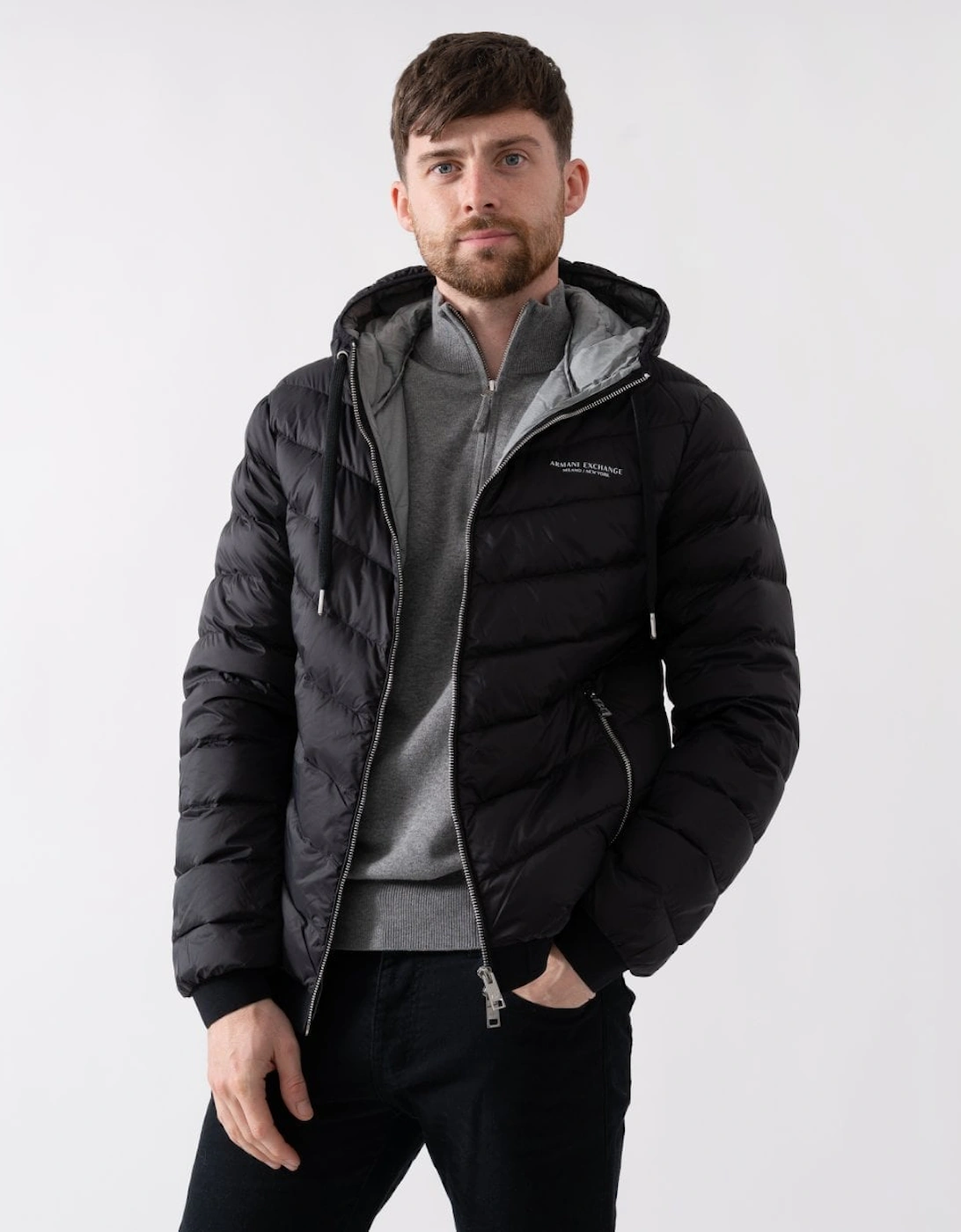 Milano/New York Logo Mens Hooded Down Jacket, 5 of 4