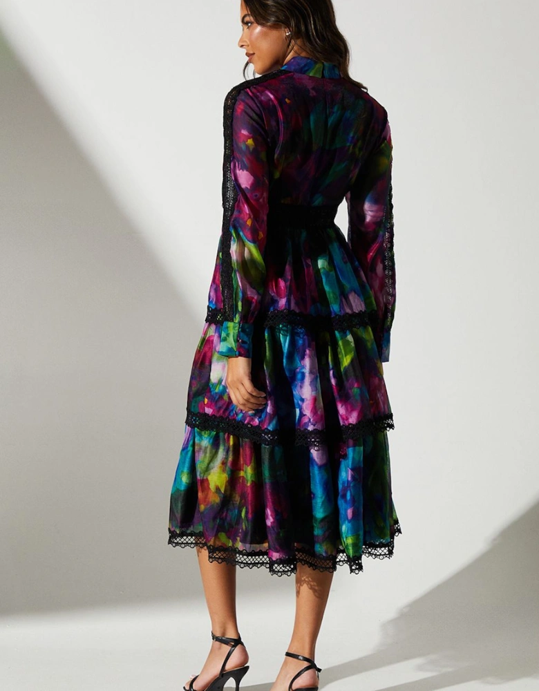 Printed Organza Long Sleeve Midi Wedding Guest Dress