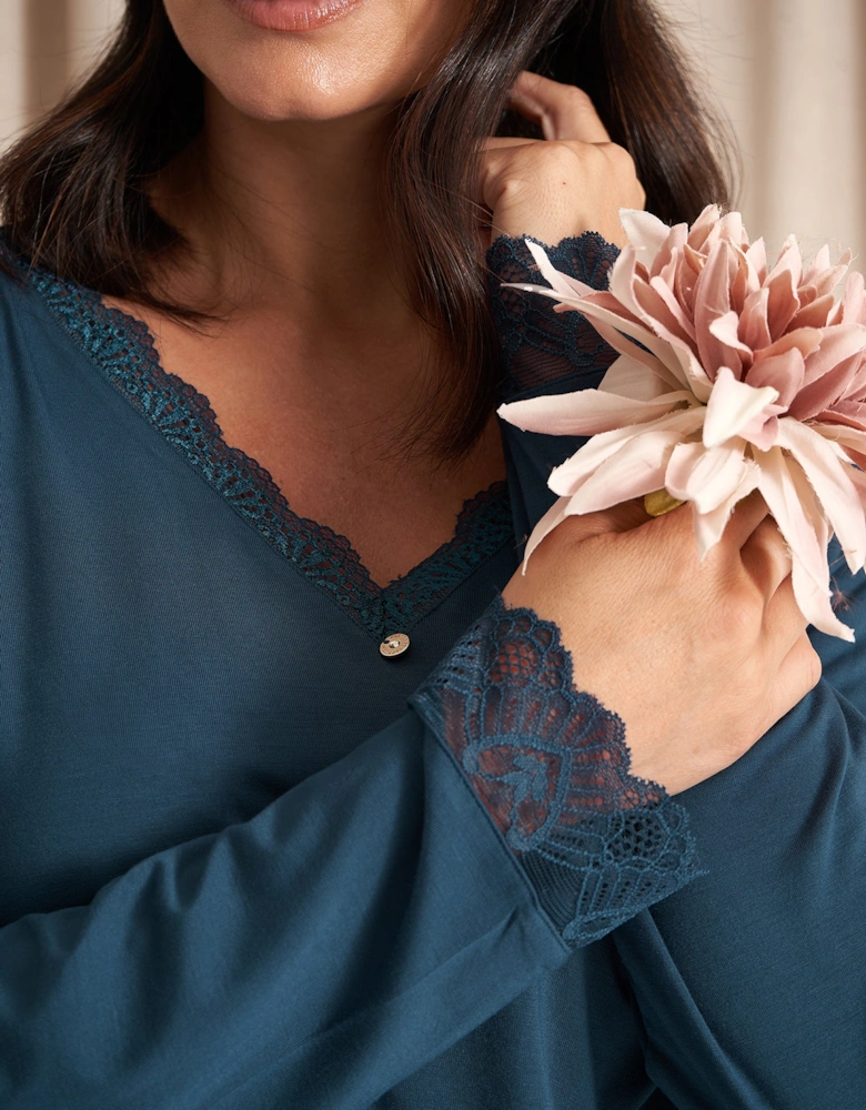 Bamboo Lace V-Neck Pyjama Set in Teal