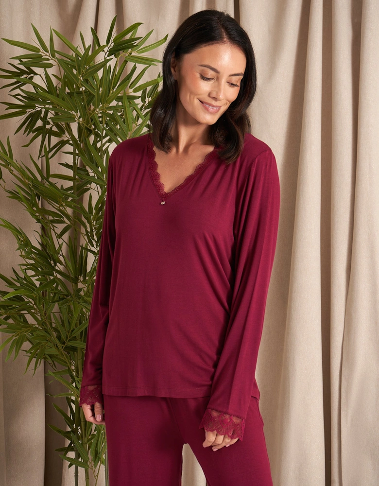 Bamboo Lace V-Neck Pyjama Set in Bordeaux